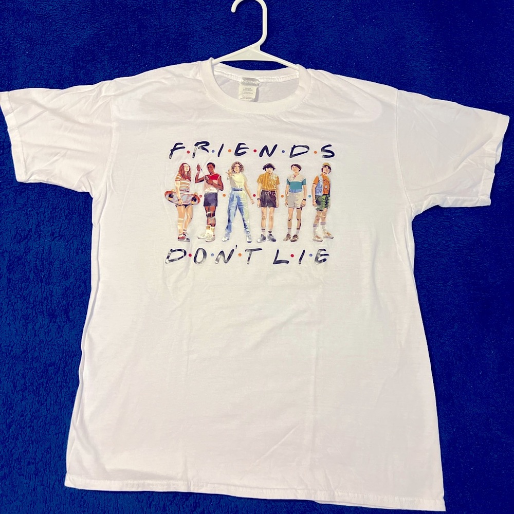 Stranger Things, Friends Don’t Lie, Friends Logo, T Shirt, Adult Medium, White
